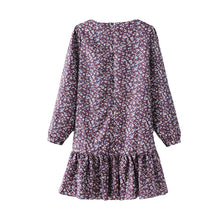 Women Dress Floral Print Round Neck Long Sleeve Dress Self-Tie Ruffle Hem Casual Beach Dress Vestidos Purple TIML66 TIML66