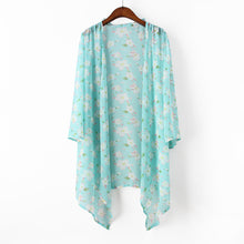 women kimono cardigan open front floral print irregular hem 3/4 sleeve chiffon shirt women blouses blue pink yellow TIML66