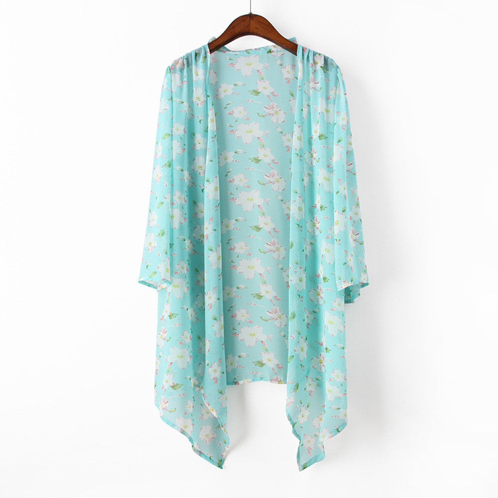 Women Kimono Cardigan Open Front Floral Print Irregular Hem 34 Sleeve Chiffon Shirt Women Blouses BluePinkYellow TIML66 TIML66