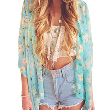 women kimono cardigan open front floral print irregular hem 3/4 sleeve chiffon shirt women blouses blue pink yellow TIML66