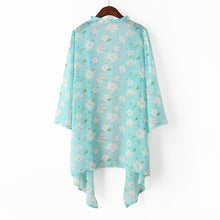 women kimono cardigan open front floral print irregular hem 3/4 sleeve chiffon shirt women blouses blue pink yellow TIML66