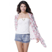 women kimono cardigan open front floral print irregular hem 3/4 sleeve chiffon shirt women blouses blue pink yellow TIML66