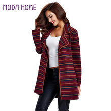 women knitted coat cardigan contrast stripe notched collar long sleeve warm sweater outerwear knitwear TIML66