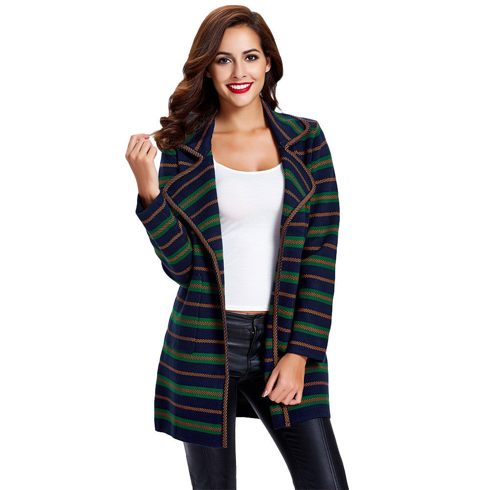 women knitted coat cardigan contrast stripe notched collar long sleeve warm sweater outerwear knitwear TIML66