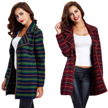 women knitted coat cardigan contrast stripe notched collar long sleeve warm sweater outerwear knitwear TIML66