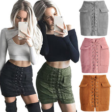 women lace up suede leather skirt sexy high waist bodycon skirt womens vintage pocket short pencil skirt faldas largas TIML66