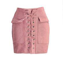 women lace up suede leather skirt sexy high waist bodycon skirt womens vintage pocket short pencil skirt faldas largas TIML66