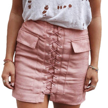 women lace up suede leather skirt sexy high waist bodycon skirt womens vintage pocket short pencil skirt faldas largas TIML66
