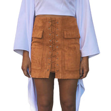 women lace up suede leather skirt sexy high waist bodycon skirt womens vintage pocket short pencil skirt faldas largas TIML66