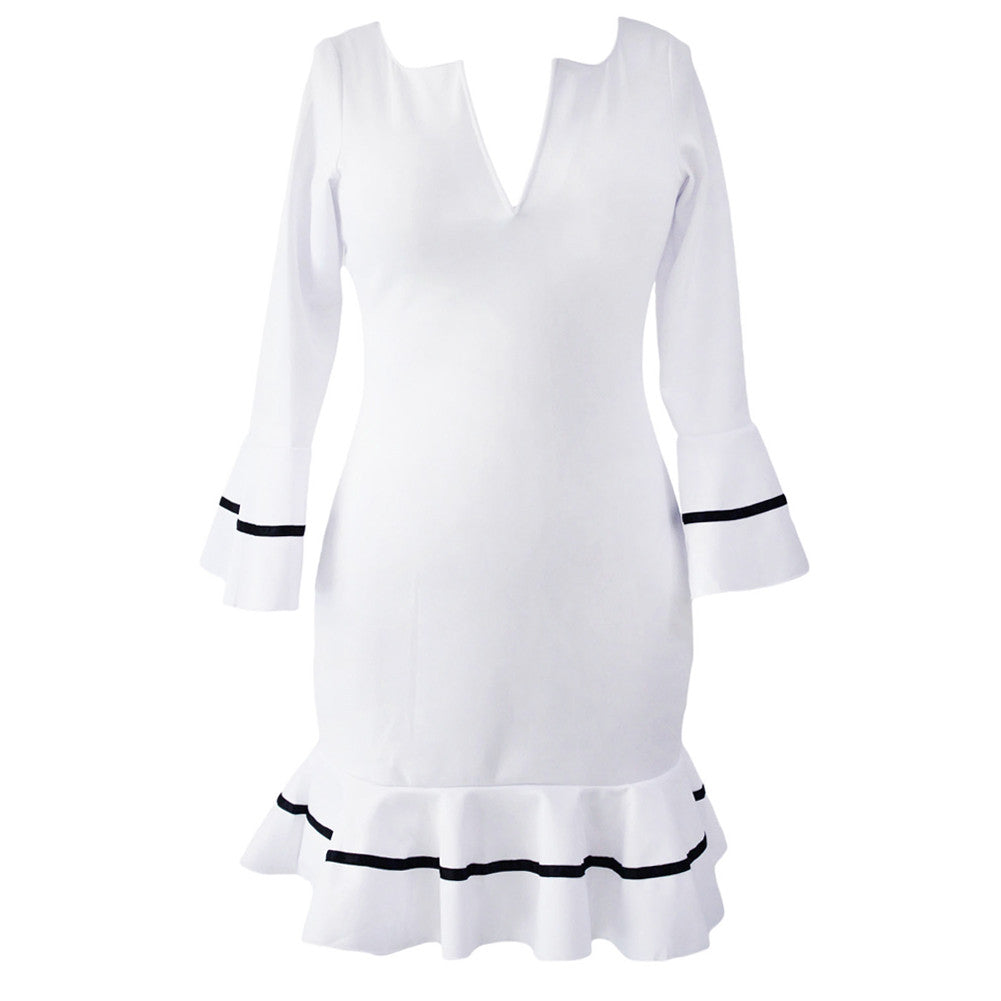 Women Mini Dress Sexy V Neck Flare Sleeve White Wrap Dress Ruffled Hem Back Zip Slim Fit Party Dress Vestido De Festa TIML66 TIML66