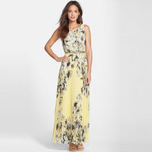 Women Chiffon Dress Floral Print Sleeveless Folds Back Zipper Maxi Long Dress Vestido Longo Casual YellowGreen TIML66 TIML66