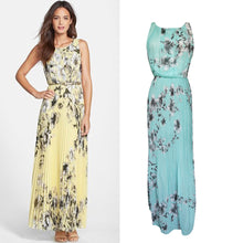 Women Chiffon Dress Floral Print Sleeveless Folds Back Zipper Maxi Long Dress Vestido Longo Casual YellowGreen TIML66 TIML66