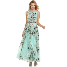 Women Chiffon Dress Floral Print Sleeveless Folds Back Zipper Maxi Long Dress Vestido Longo Casual YellowGreen TIML66 TIML66