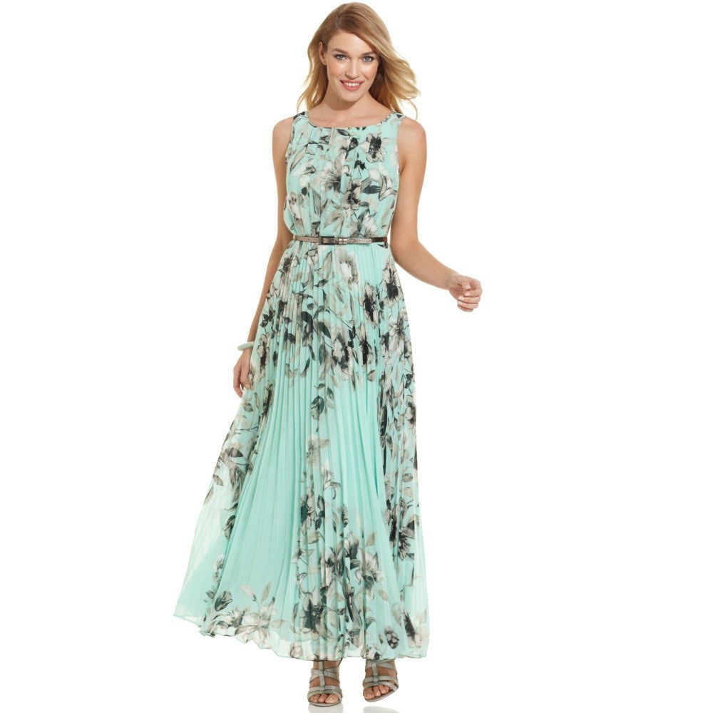 Women Chiffon Dress Floral Print Sleeveless Folds Back Zipper Maxi Long Dress Vestido Longo Casual YellowGreen TIML66 TIML66