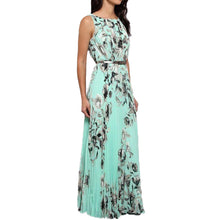 Women Chiffon Dress Floral Print Sleeveless Folds Back Zipper Maxi Long Dress Vestido Longo Casual YellowGreen TIML66 TIML66