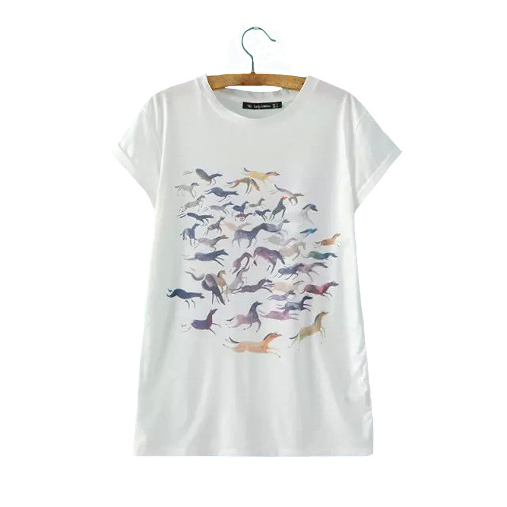 Women T Shirt Camisas Femininas Animal Horse Print O Neck Short Sleeves Pullover Casual Loose T-shirt Tops White TIML66 TIML66