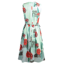 floral print women dress fresh elegant sleeveless o neck slim office dress pleated waist with belt green TIML66