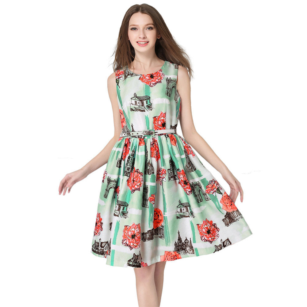 floral print women dress fresh elegant sleeveless o neck slim office dress pleated waist with belt green TIML66