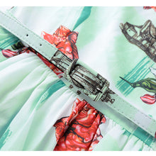 floral print women dress fresh elegant sleeveless o neck slim office dress pleated waist with belt green TIML66