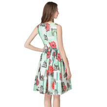 floral print women dress fresh elegant sleeveless o neck slim office dress pleated waist with belt green TIML66