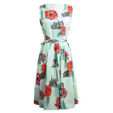 floral print women dress fresh elegant sleeveless o neck slim office dress pleated waist with belt green TIML66