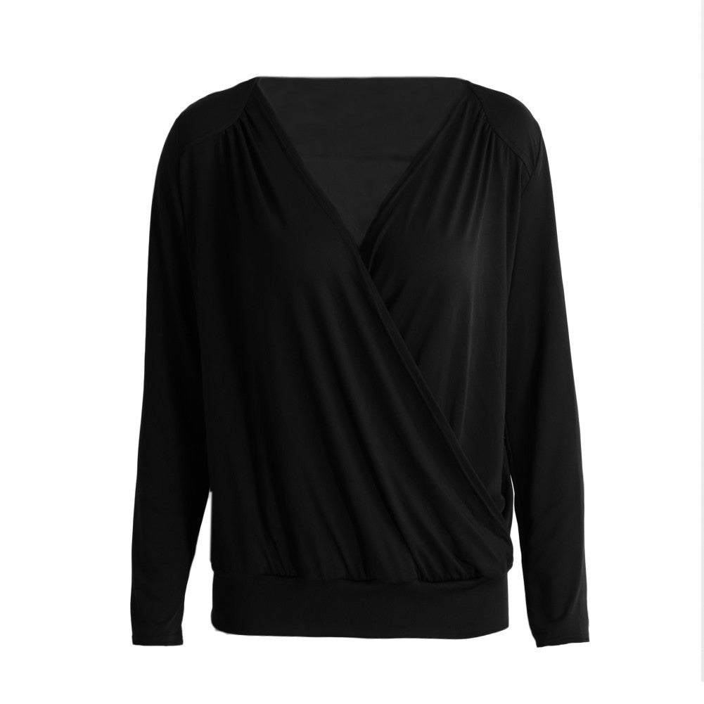 harajuku women t-shirts v neck long sleeve blusa cross solid slim casual tee tops beige red black camisas femininas TIML66