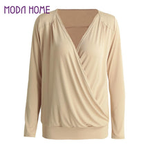 harajuku women t-shirts v neck long sleeve blusa cross solid slim casual tee tops beige red black camisas femininas TIML66