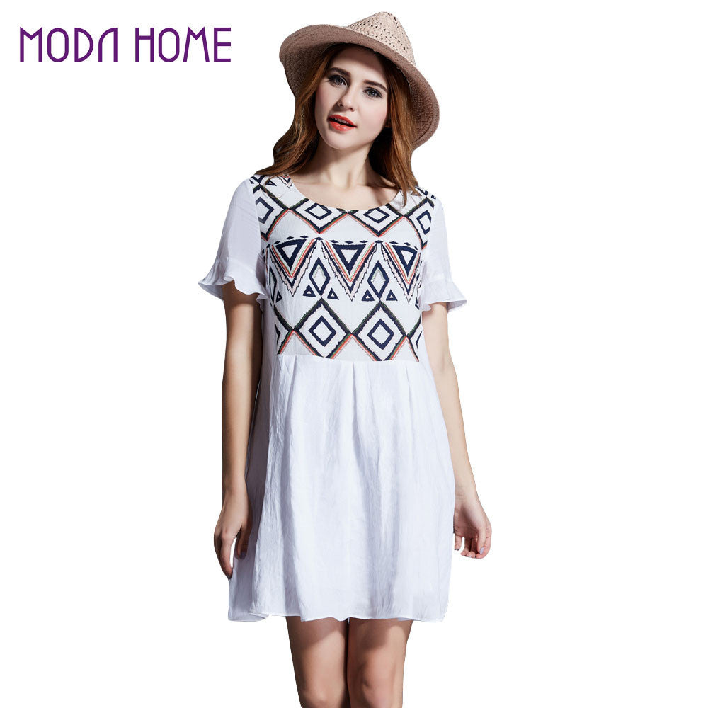 boho women dress geometry pattern printed mini beach dresses short sleeve ruffle cuffs party dress vestidos TIML66