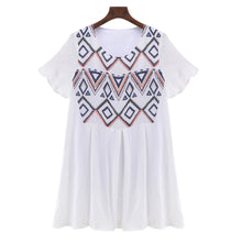 boho women dress geometry pattern printed mini beach dresses short sleeve ruffle cuffs party dress vestidos TIML66