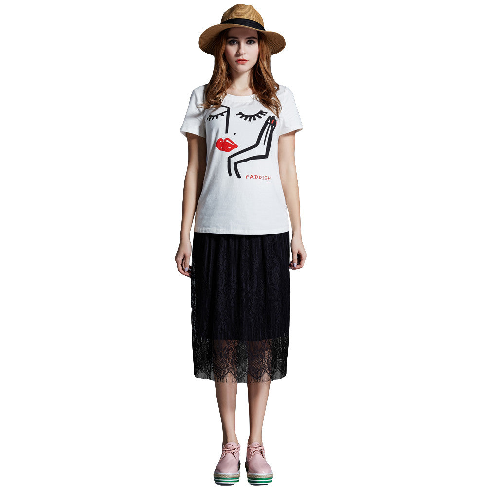 T-Shirt Women Eyelash Lip Print Short Sleeve Casual Tops Loose Pullover Women Tops White Plus Size Blusas TIML66 TIML66