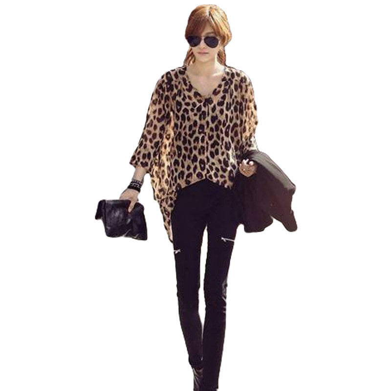high street fshion women ladies chiffon blouse leopard printed long sleeve high low hem loose tops camisas femininas TIML66