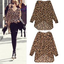 high street fshion women ladies chiffon blouse leopard printed long sleeve high low hem loose tops camisas femininas TIML66