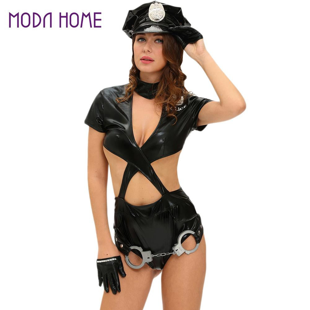 exotic women sexy cop halloween uniform set pcs policewoman sets v neck cross cutout leathery jumpsuit cosplay cop costume TIML66