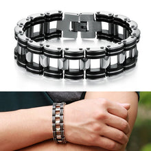 Men Silver Stainless Steel Bracelets Black Rubber Motorcycle Biker Chain Link Bracelet  TIML66