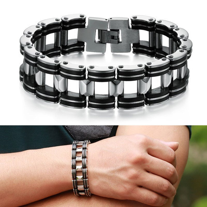 Men Silver Stainless Steel Bracelets Black Rubber Motorcycle Biker Chain Link Bracelet  TIML66