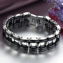 Men Silver Stainless Steel Bracelets Black Rubber Motorcycle Biker Chain Link Bracelet  TIML66