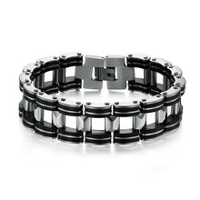 Men Silver Stainless Steel Bracelets Black Rubber Motorcycle Biker Chain Link Bracelet  TIML66