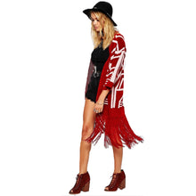 knitted cardigans casual women sweater open front geometric pattern tassel loose tops women outerwear red TIML66