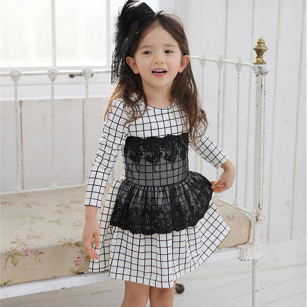 Kids Baby Girls Dress Long Sleeve One Piece Dresses Lace Plaids Checks 2-6Y Costume Freeshiping TIML66