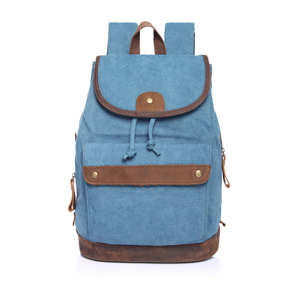 Korean Women Canvas Backpack Leather Drawstring Closure Mochila Escolar Hasp Pockets Large Travel Bag KhakiDark Grey TIML66 TIML66