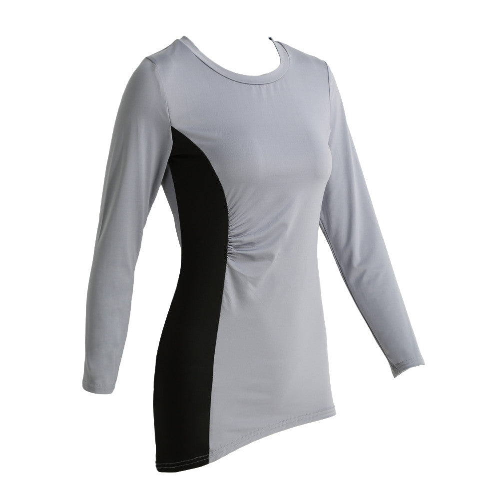 Korean T-Shirt Women Contrast Stripe Splice Long Sleeve Roupas Asymmetric Hem Ruched Slim Long Blusas Femininas  TIML66 TIML66