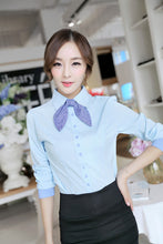 korean style women patchwork lined tops button long puff sleeve shirt blusas femininas self tie slim office women blouses TIML66