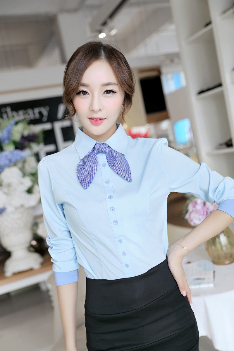 korean style women patchwork lined tops button long puff sleeve shirt blusas femininas self tie slim office women blouses TIML66