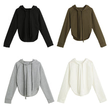 Korean Women Short Hoodies Curve Hem Raglan Sleeves Tracksuit Long Drawstring Casual Pullover Lady Crop Top Sudaderas Mujer  TIML66 TIML66