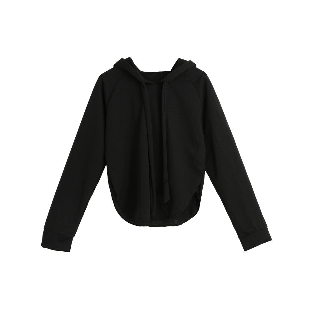 Korean Women Short Hoodies Curve Hem Raglan Sleeves Tracksuit Long Drawstring Casual Pullover Lady Crop Top Sudaderas Mujer  TIML66 TIML66