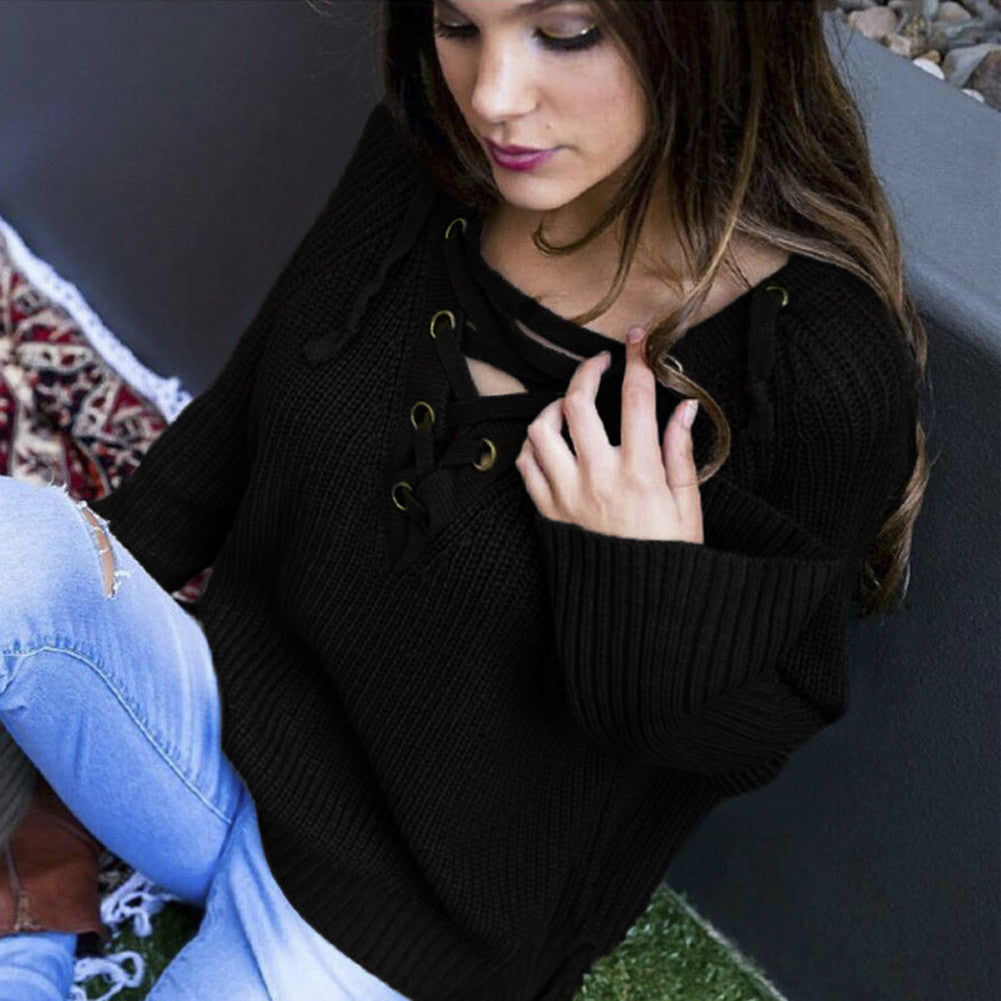 Korean Women Sweaters And Pullovers Flare Sleeve Jumper Lace Up V-Neck Pullover Knitted Top Robe Pull Hiver TIML66 TIML66