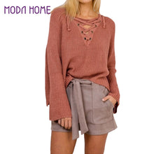 Korean Women Sweaters And Pullovers Flare Sleeve Jumper Lace Up V-Neck Pullover Knitted Top Robe Pull Hiver TIML66 TIML66