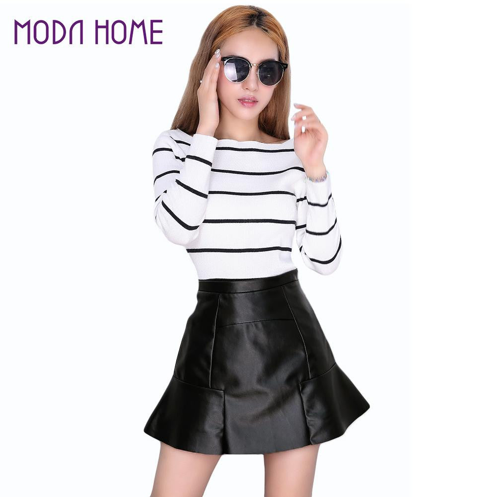 Ladies Black Pu Skirt Sexy Women Mini Skirt PU Leather Ruffled Hem Zipper Casual Elegant Slim Wrap Skirt Saia De Couro TIML66 TIML66