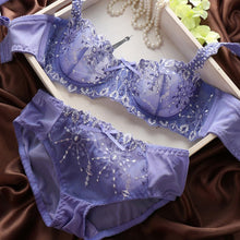 New Fashion Transparent Sexy Bra and Panty Set Plus size Women Lace Ultra-thin Blue Underwear Sets 32-38B TIML66