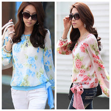 women blusa chiffon floral print long sleeve shirt blouse top ladies blouses casual red blue TIML66